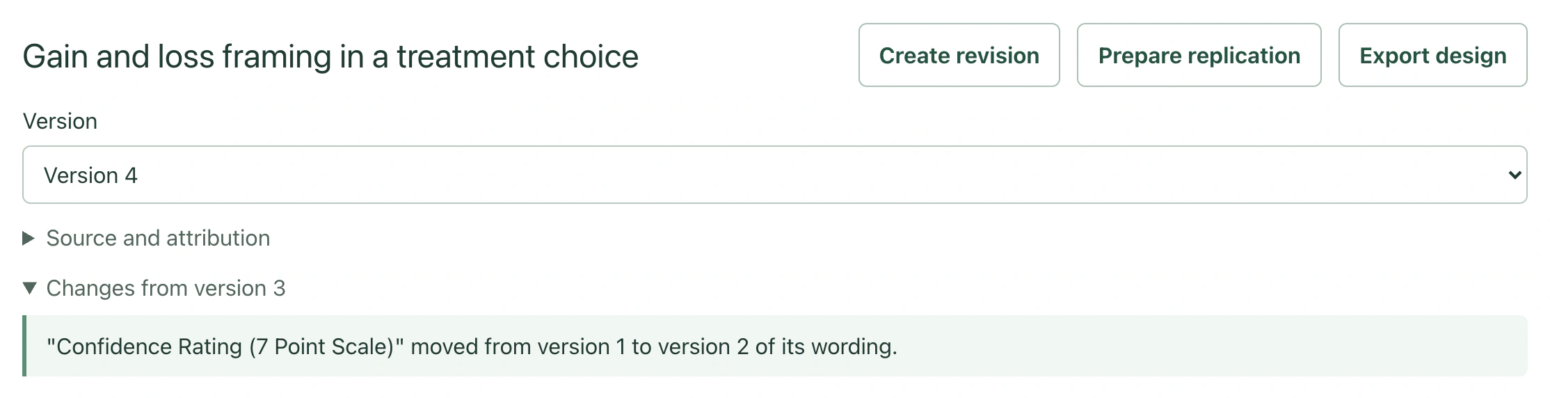 The header of the experiment Gain and loss framing in a treatment choice. It has Create revision, Prepare replication and Export design buttons and a Version menu set to Version 4. Below it, the Source and attribution section is closed and the Changes from version 3 section is open. The open section shows a shaded panel with a green rule on its left edge. The panel says that Confidence Rating (7 Point Scale) moved from version 1 to version 2 of its wording.